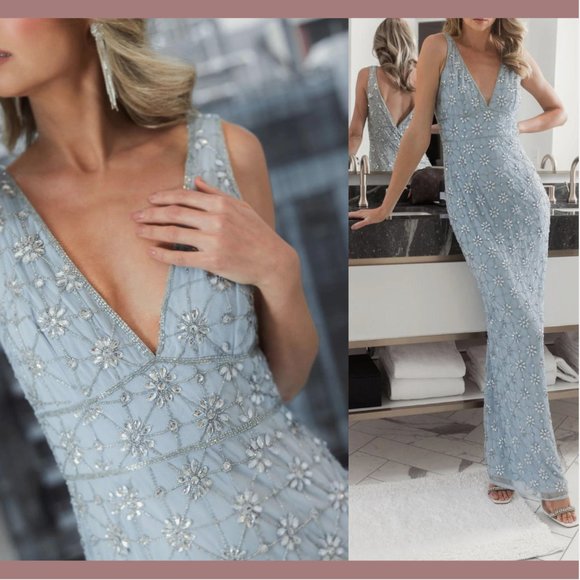 NWT Mac Duggal [ 18 ] Sleeveless Hand Beaded Floral V-Neck Gown Powder‎ Blue - Picture 3 of 16